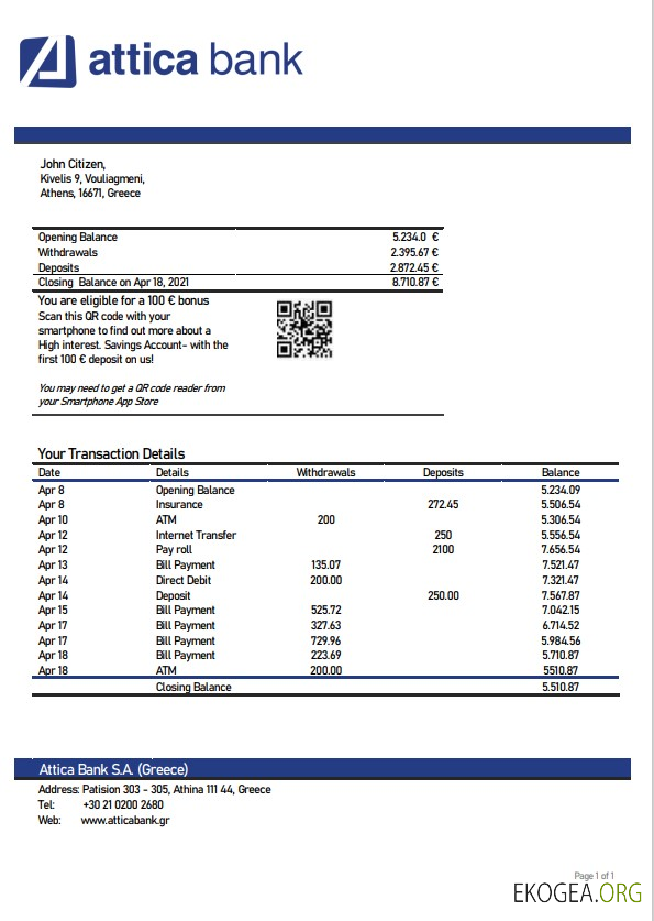 Modèle de relevé bancaire Grèce Attique, format Word et PDF